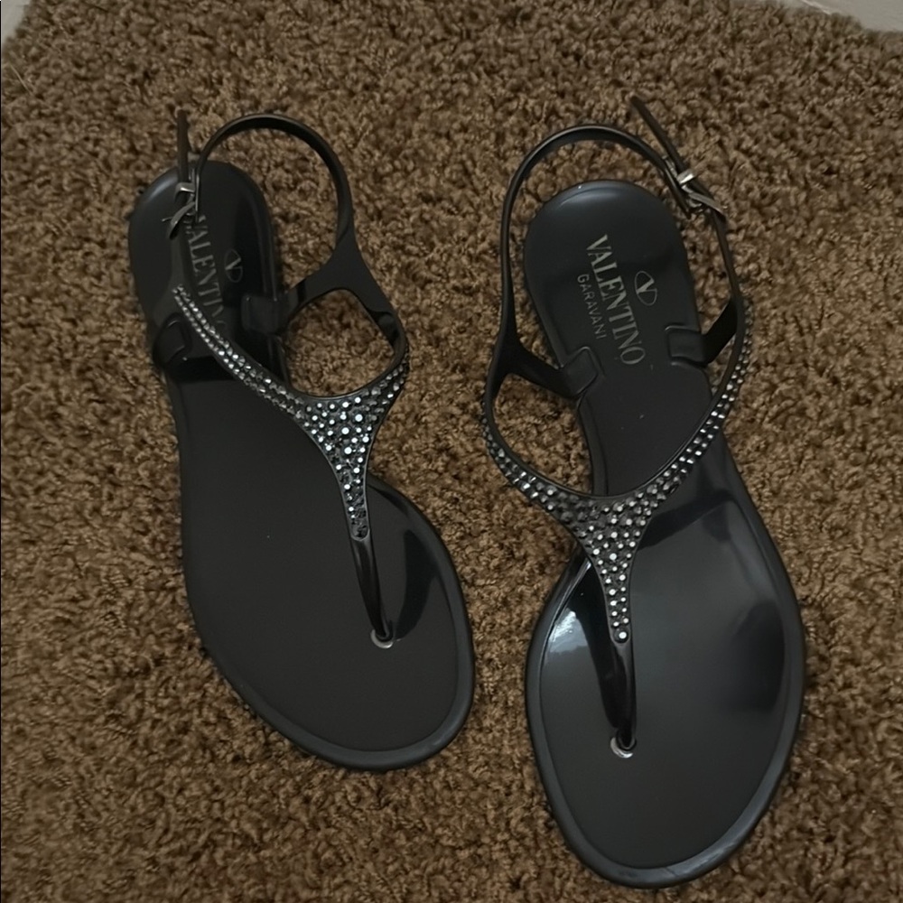 Valentino PVC Crystal Embellishments T-Strap Sandals